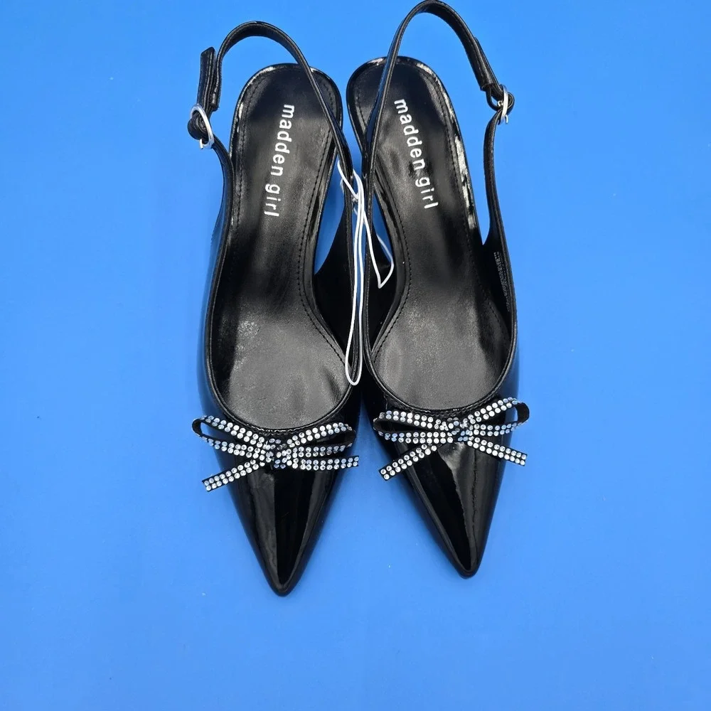 MADDEN GIRL WOMEN'S VIOLETTEE BLACK PATTENT‎ SLINGBACKS Rhinestone Bow 7M NWOB